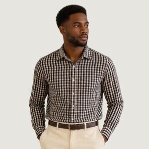 Bar III Mens Slim Fit Stretch Dress Shirt Gingham Check Navy Brown LARGE